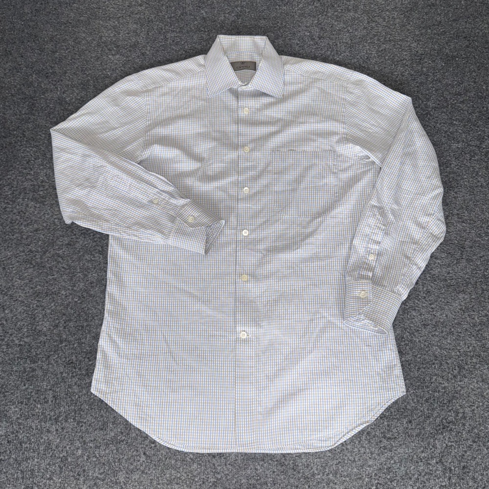 Canali Mens Blue Tan Micro Check Cotton Dress Shirt Made in Italy Size 15.5 39